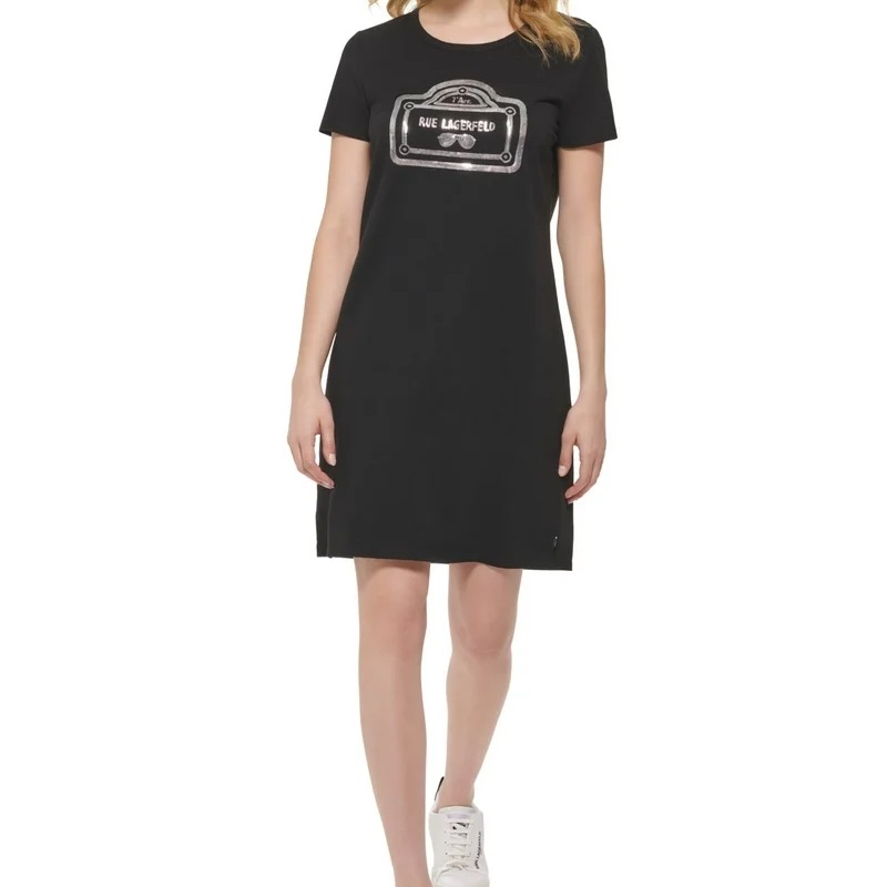 Karl Lagerfeld Paris Womens Black Sequined Pullover Logo Graphic Dress